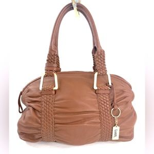 Lucê Brown Pebbled Leather Ruched Medium Shoulder Bag Purse Woven Straps Brass